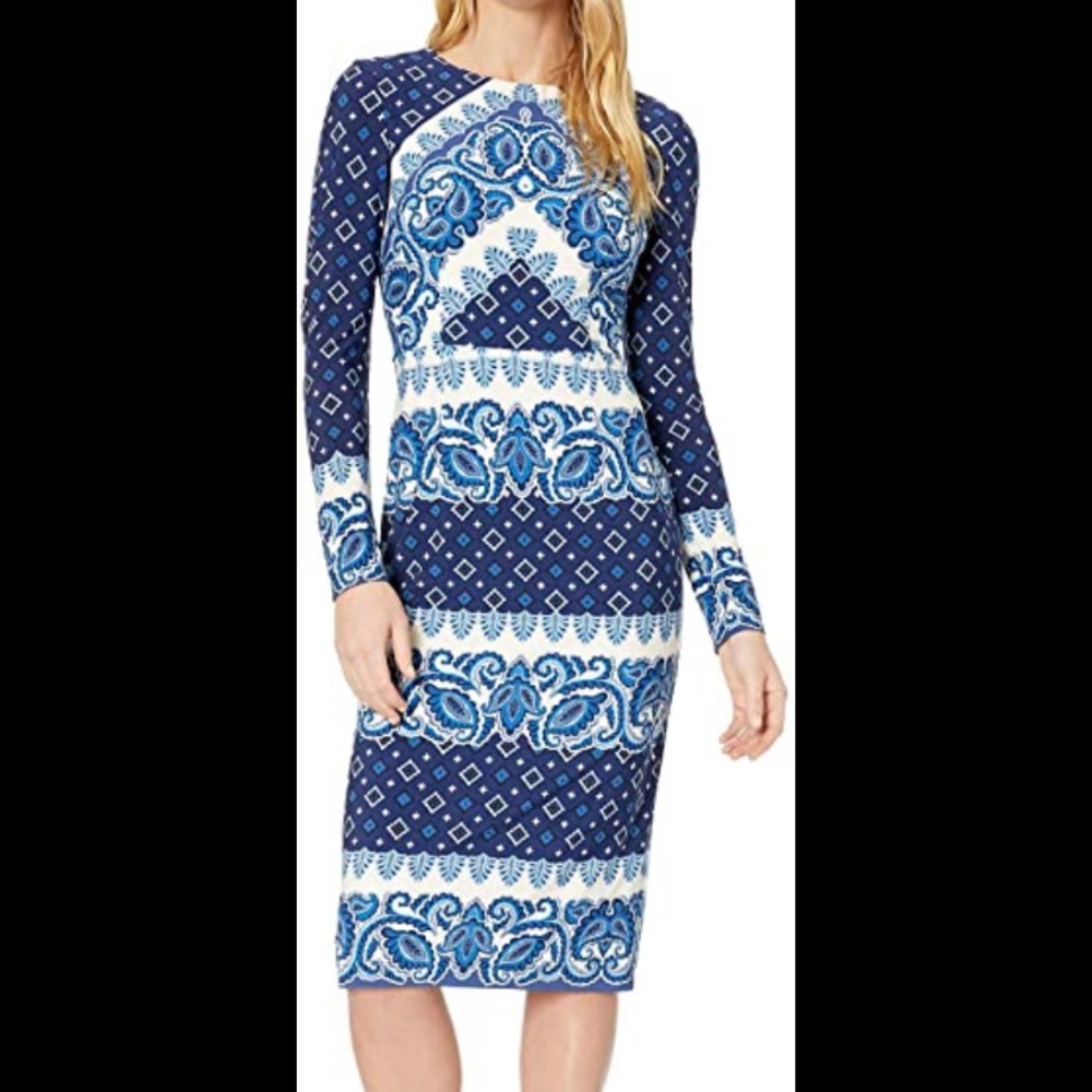 Maggie London Geo print dress size 4 white blue